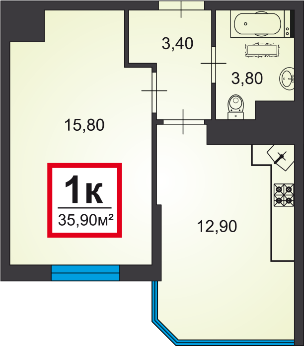 ЖК Черное Море, 1-к кв., 35.9 м2 